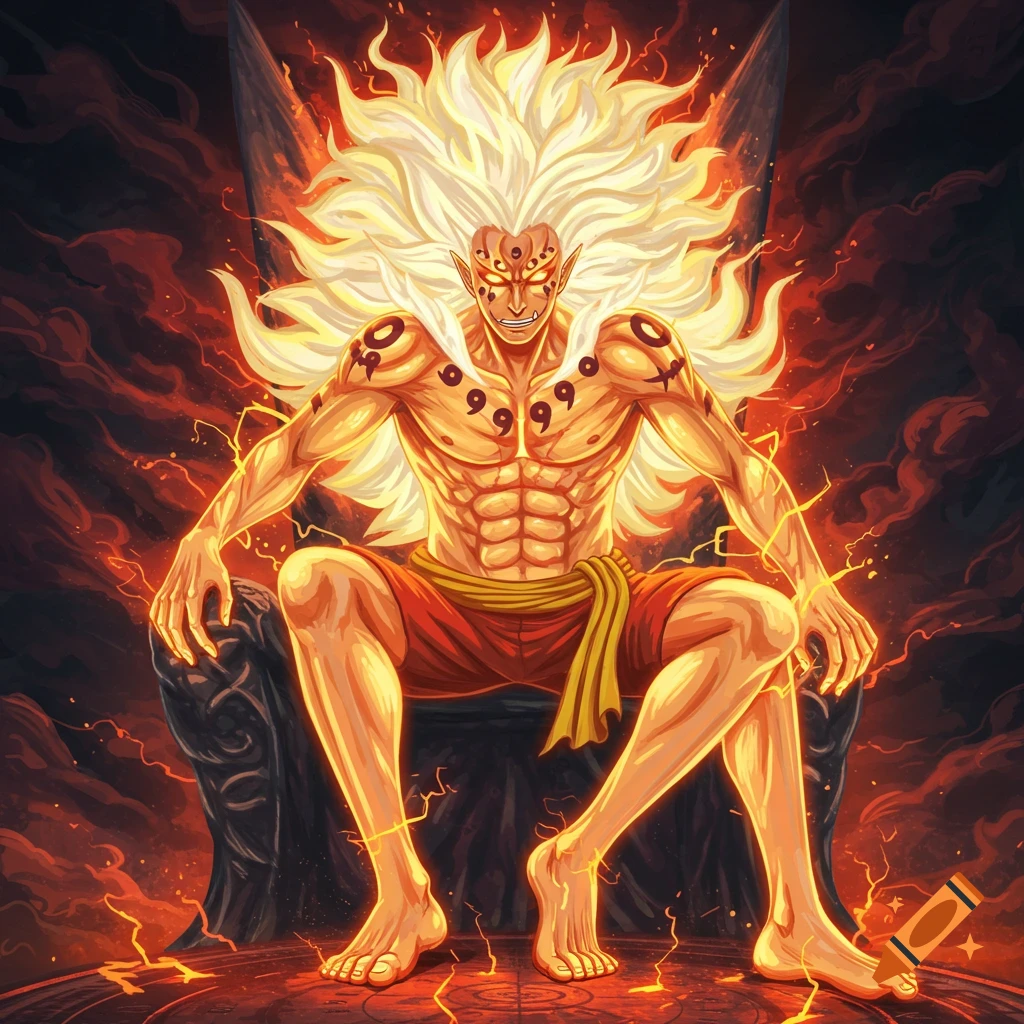 Anime character with spiky blonde hair sits on a throne, surrounded by fire and energy.