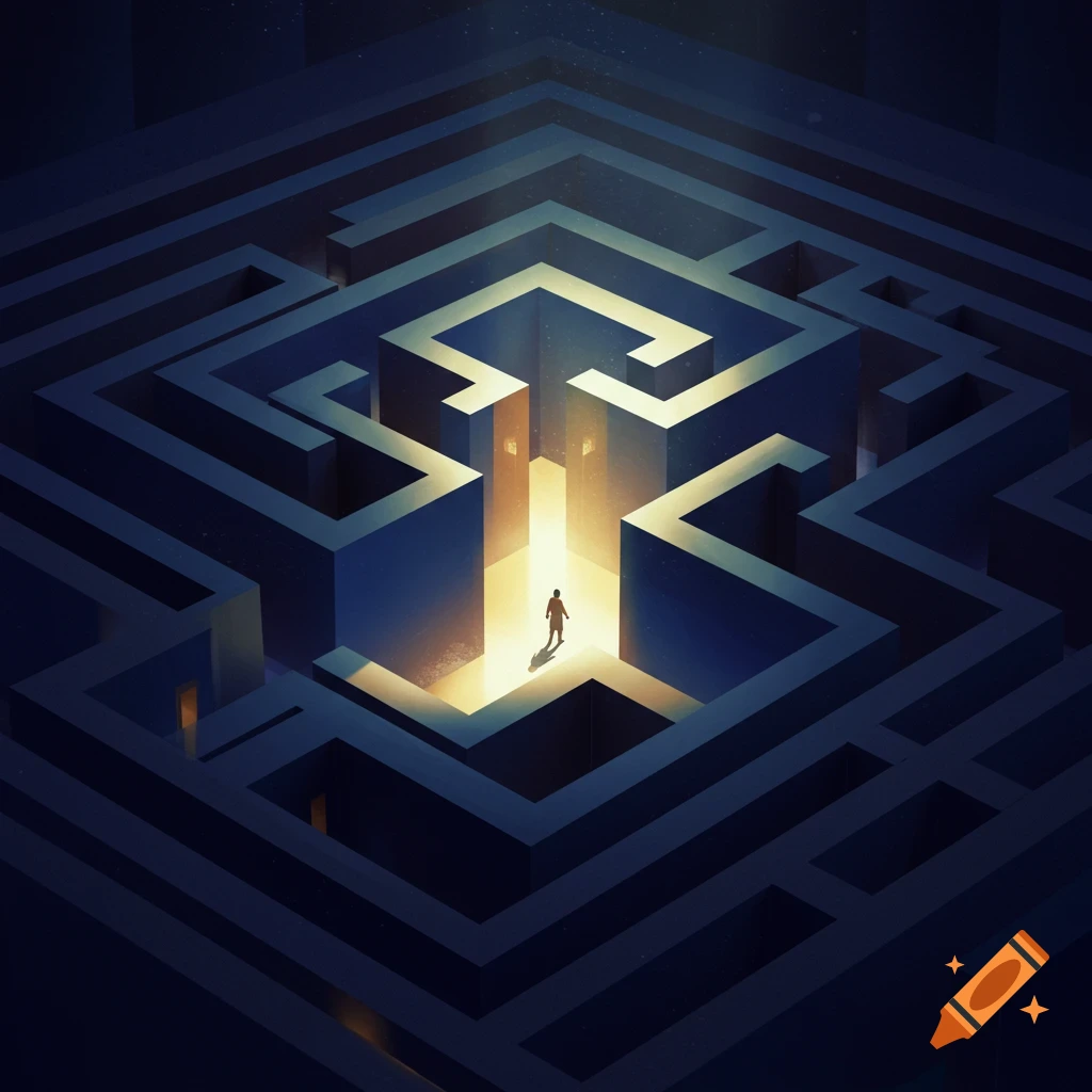 A stylized illustration of a person standing in a dark, complex maze, illuminated by a bright light from above.