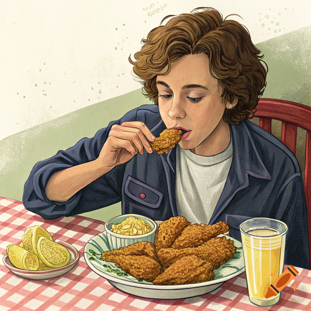 Illustration of a person eating fried chicken at a table.