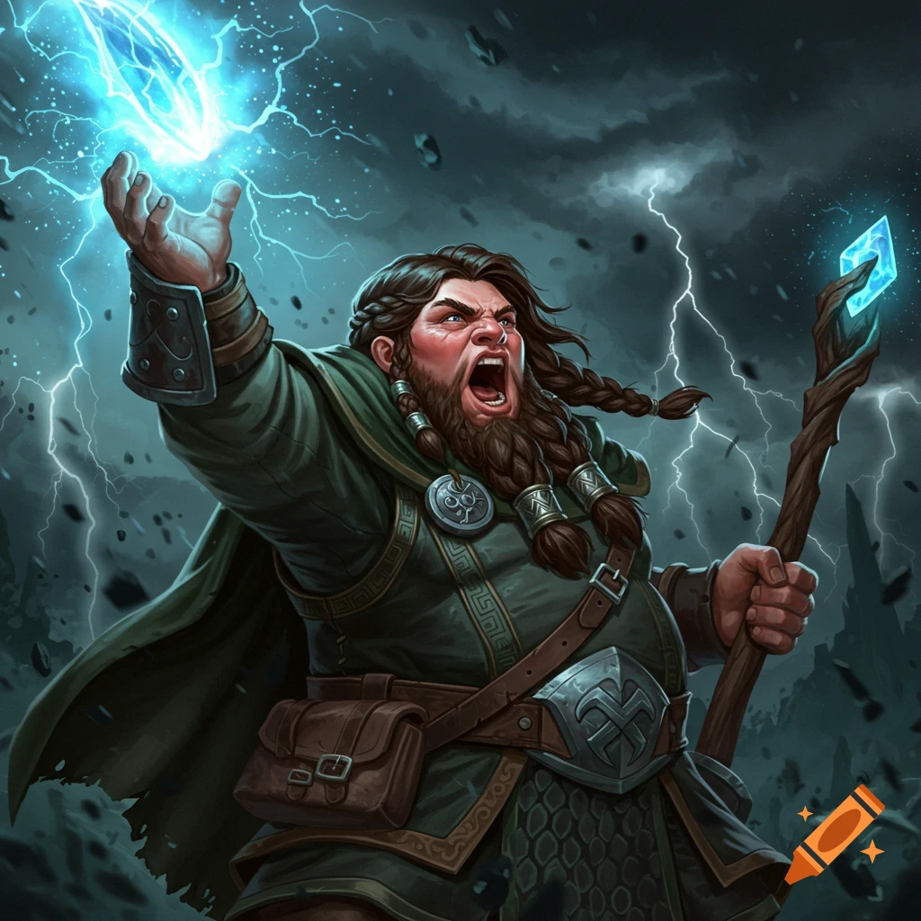 Fantasy illustration of a dwarf casting lightning magic with a staff.