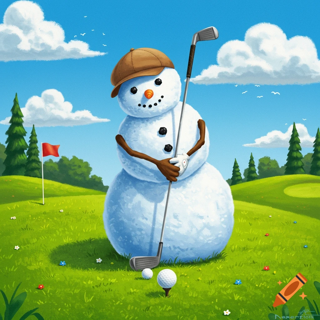 A cartoon snowman wearing a cap plays golf on a sunny course.