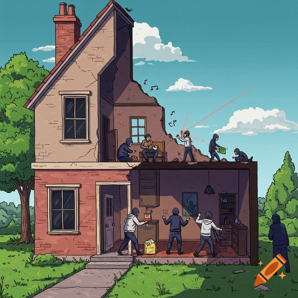Cartoon illustration of a house cut in half, showing hooded figures inside and on the roof looting it.