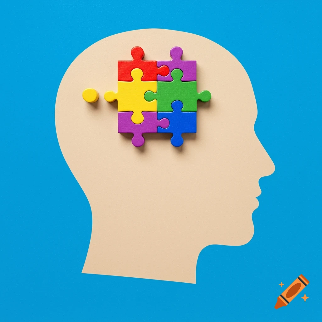 A human head silhouette with colorful puzzle pieces inside on a blue background.