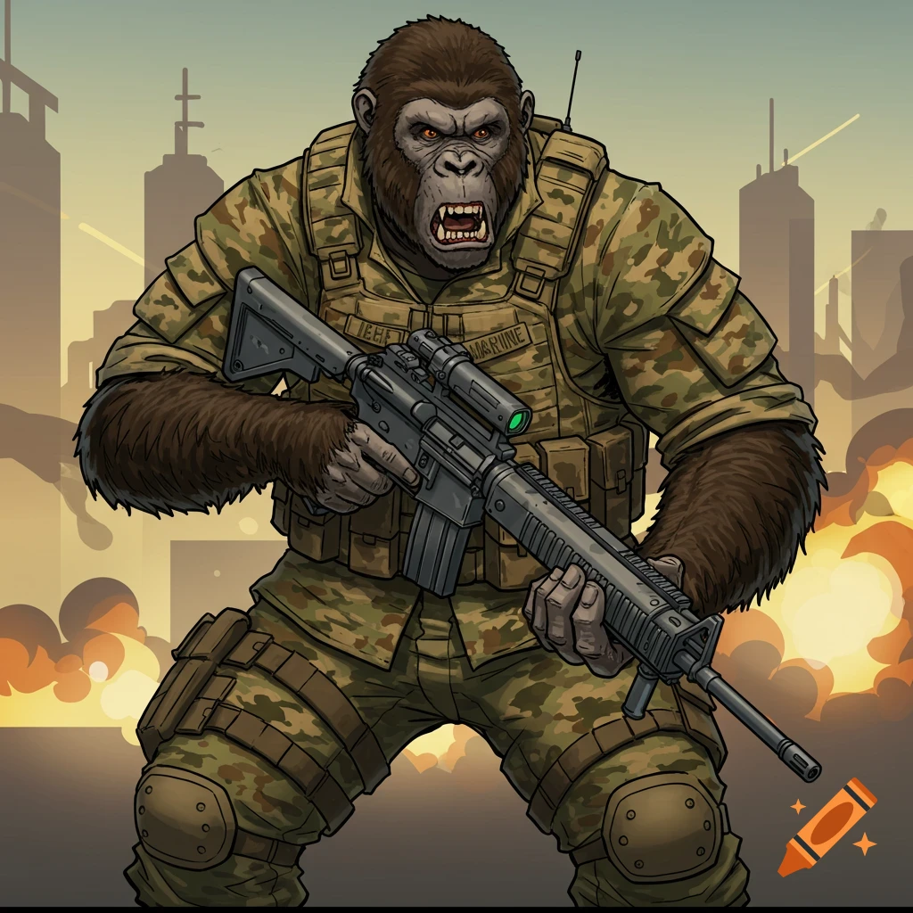 Illustration of an ape in military camouflage holding a rifle, standing against a destroyed city background with explosions.