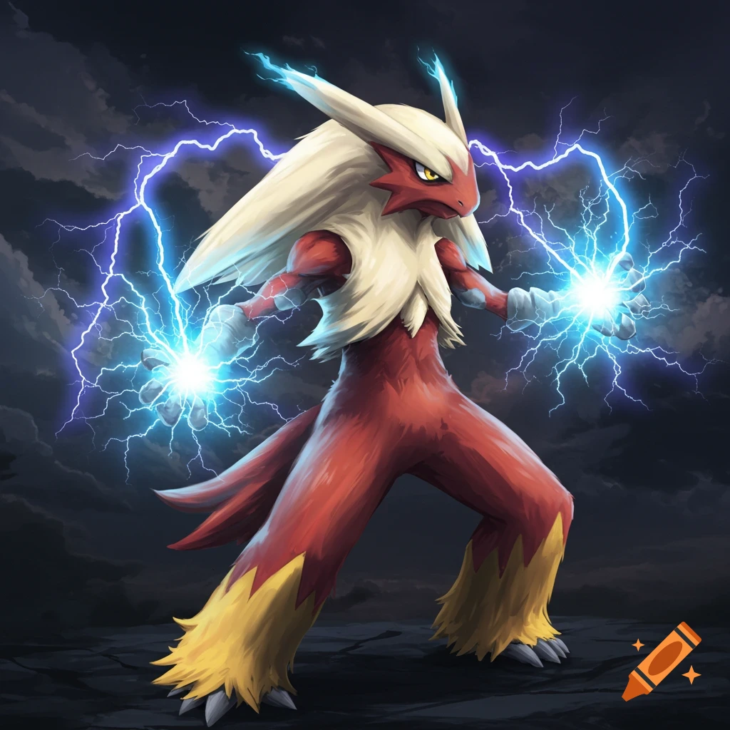 Blaziken charges lightning from its hands against a stormy sky, in a dynamic digital illustration.