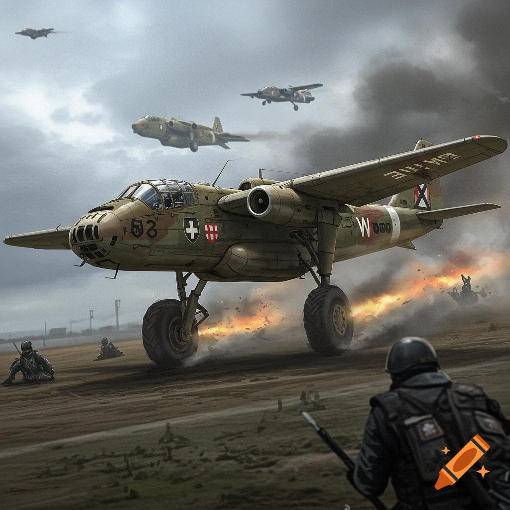 A military aircraft with large wheels takes off from a battlefield as soldiers take cover, other planes fly above.