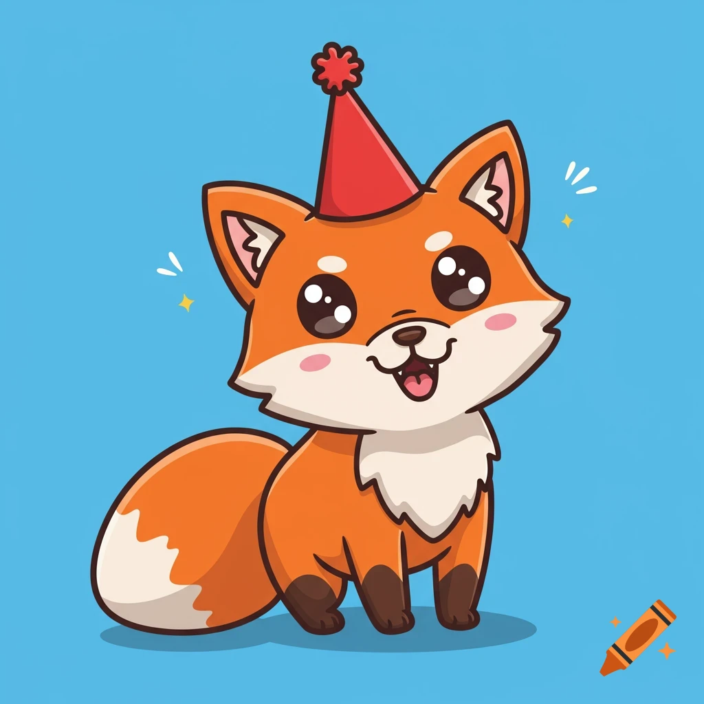 Cute cartoon fox wearing a red party hat on a blue background.
