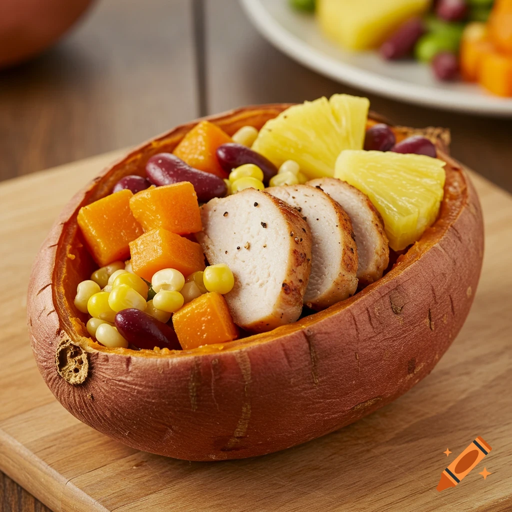 Stuffed sweet potato with sliced turkey, corn, beans, pineapple, and squash on a wooden board, photorealistic.