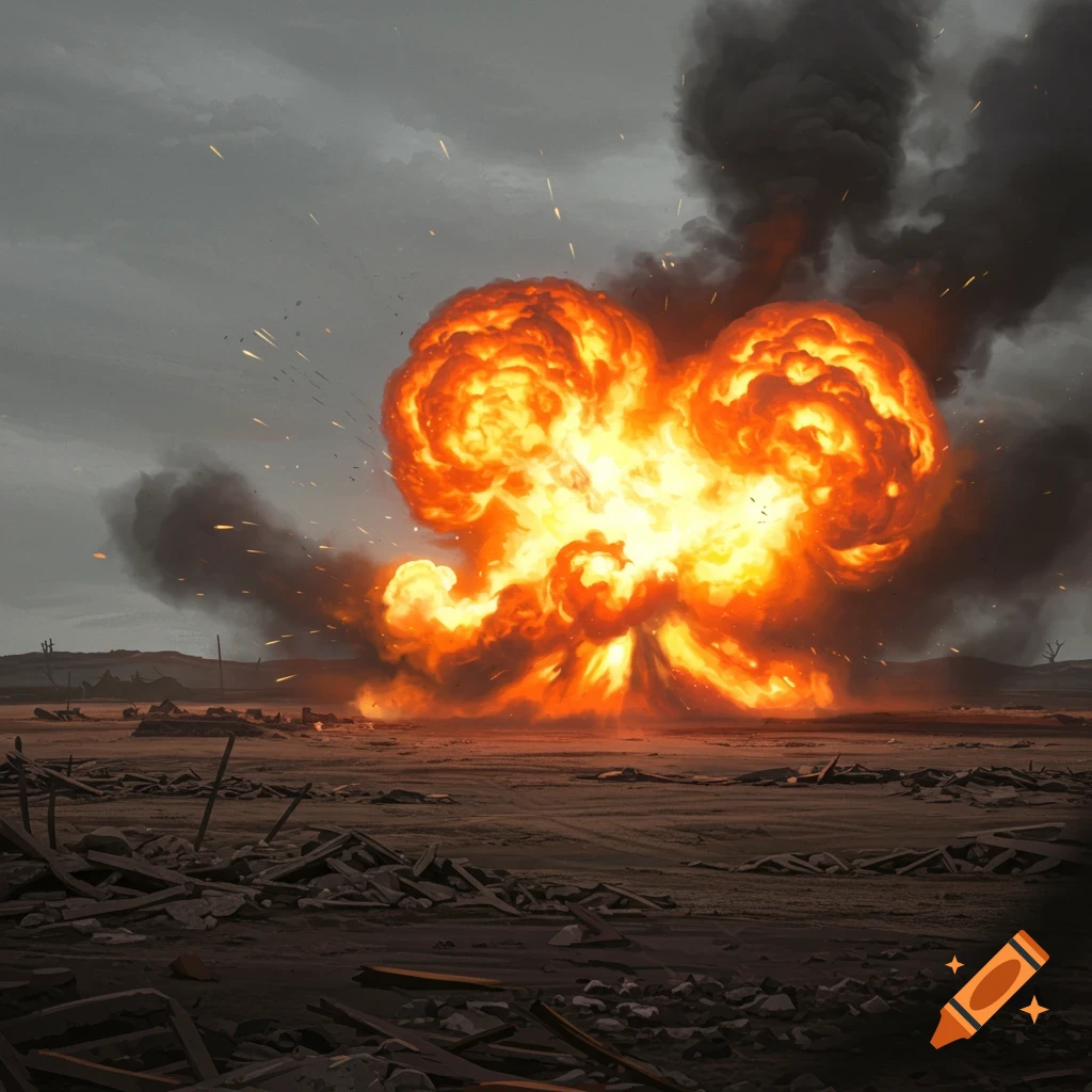 A massive fiery explosion erupts in a desolate, war-torn landscape filled with rubble under a cloudy gray sky.