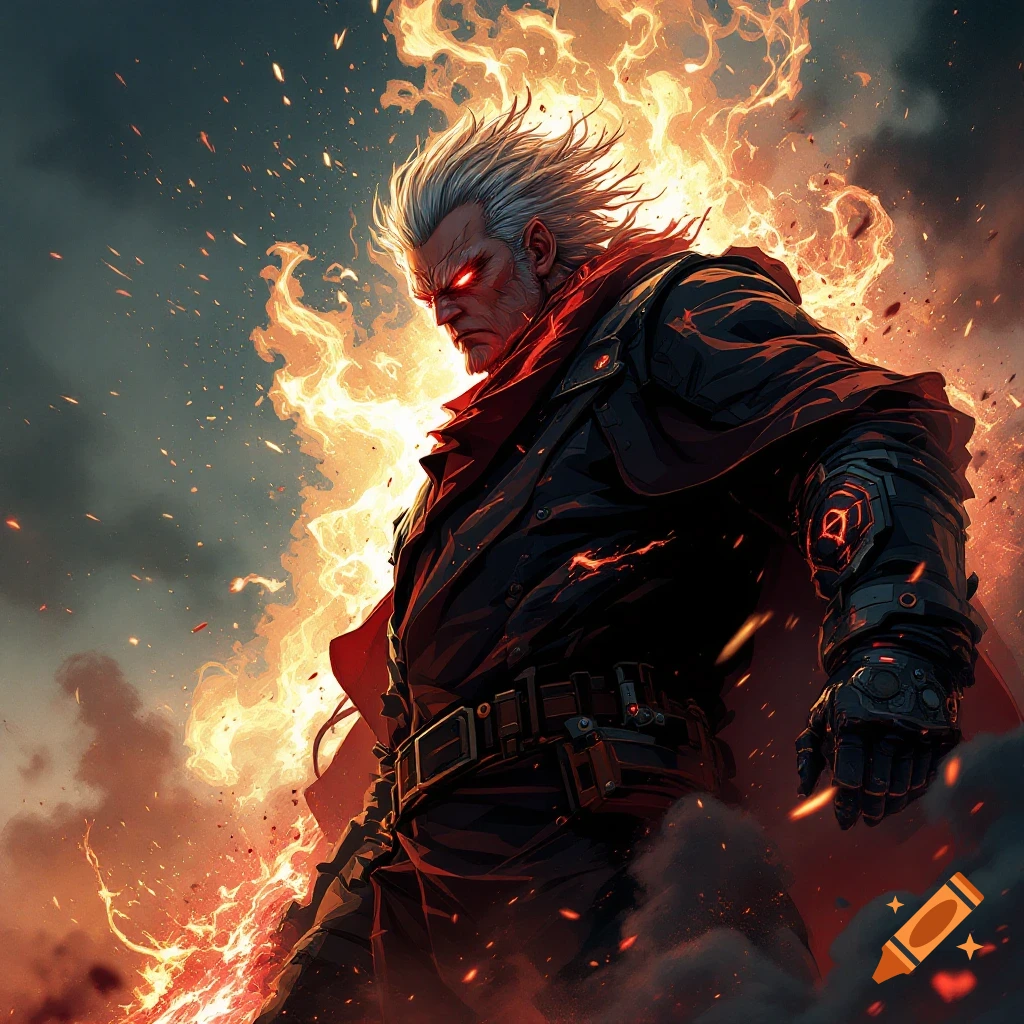 Intense anime man with white hair and red eyes surrounded by fire.