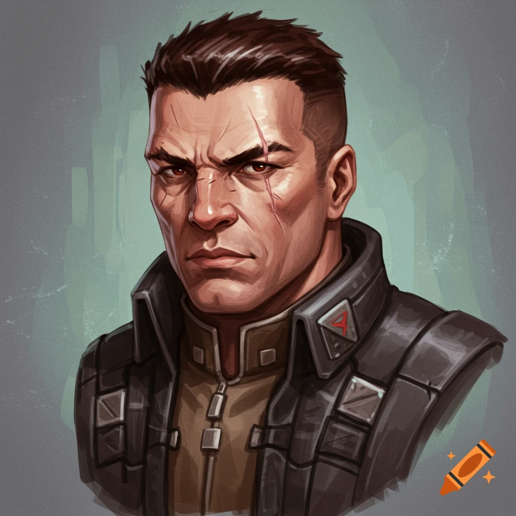 Illustration of a stern man with scars on his face wearing a sci-fi jacket.