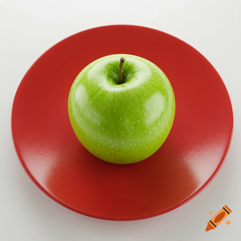 A green apple sits centered on a red plate, photorealistic style.