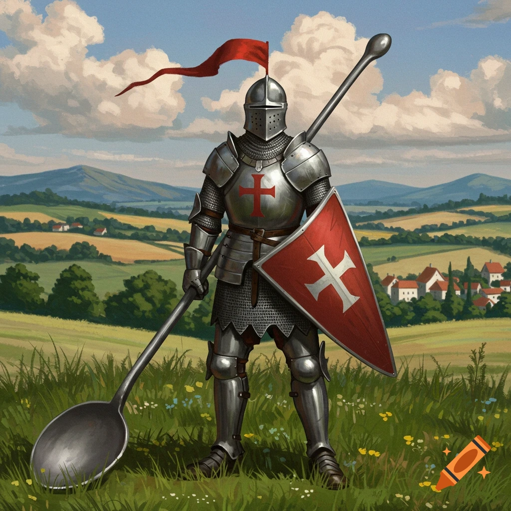 A medieval painting of a knight in armor with a shield standing in a field, holding a giant spoon.