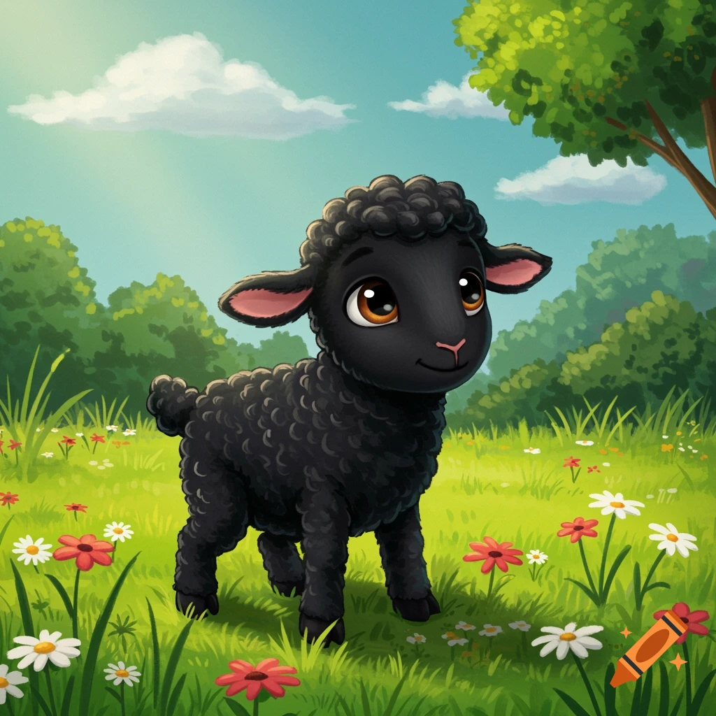 A cartoon black lamb stands in a meadow with flowers.