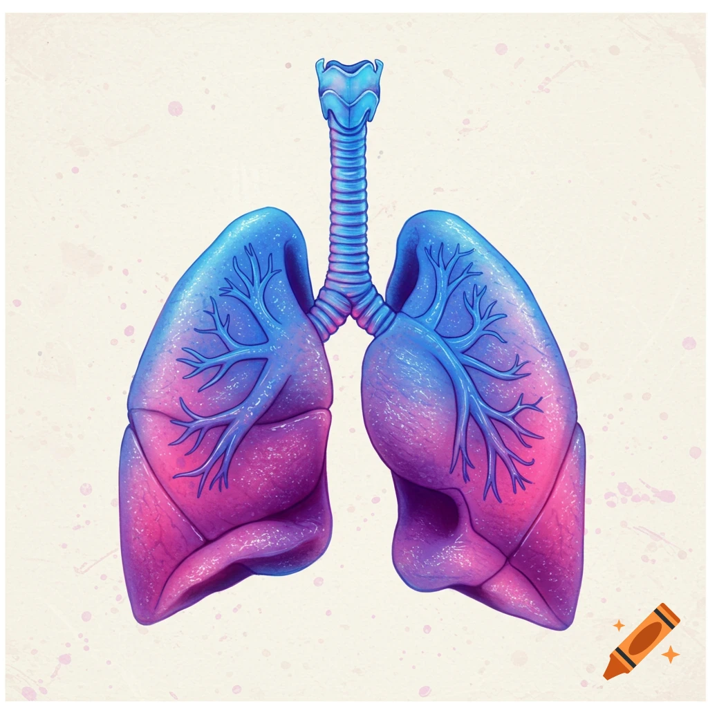 Stylized illustration of human lungs and trachea in blue and pink gradients.