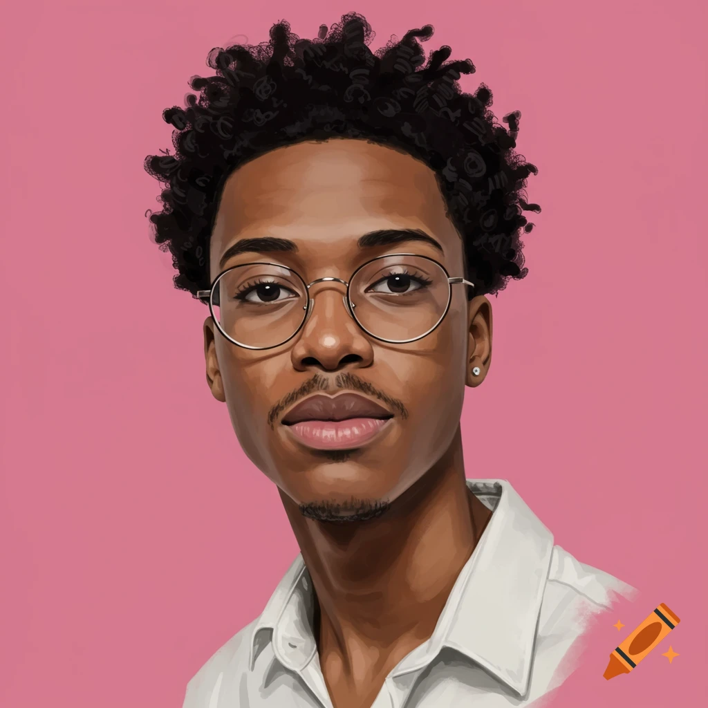 Stylized portrait of a young man with curly hair and glasses against a pink background.