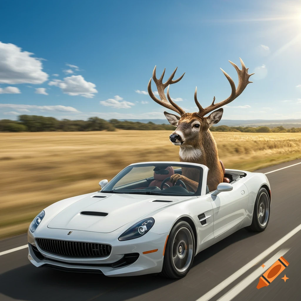 A buck deer with large antlers drives a white convertible sports car down a road.