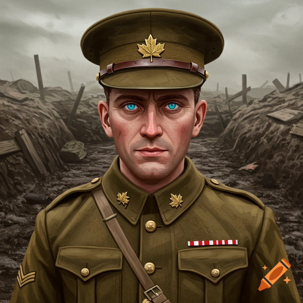 Portrait of a WWI Canadian sergeant with striking blue eyes in a trench.