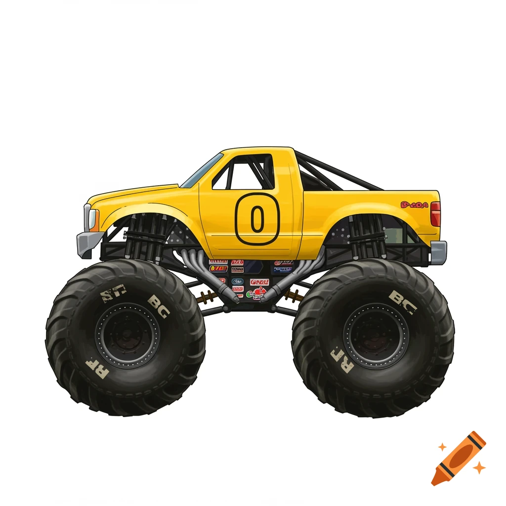 A yellow monster truck with the number 0 on the door, on a white background.