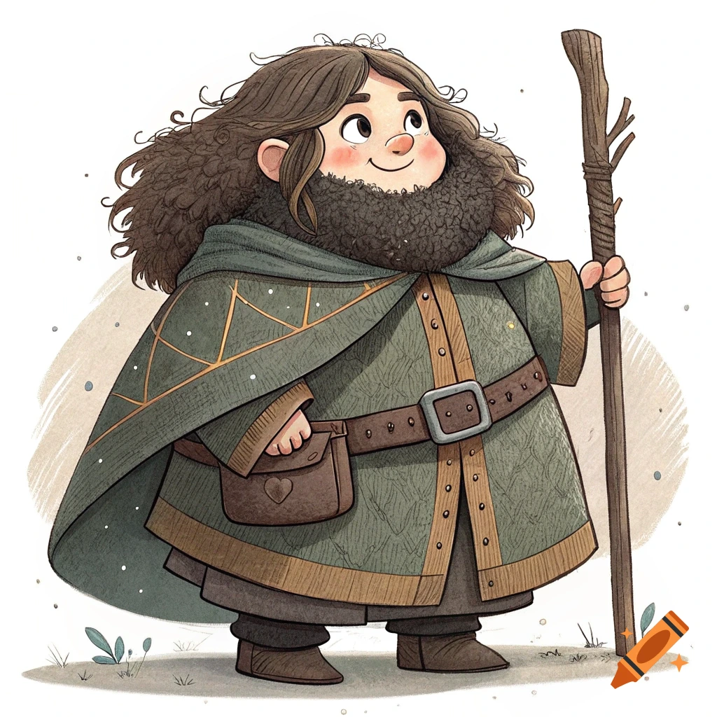 A cartoon illustration of a short, stout figure with a beard and staff, wearing a coat and cape.