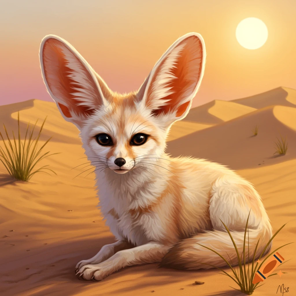 A cute fennec fox with large ears sits in the desert sand at sunset.
