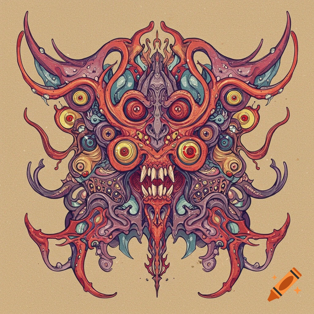 Detailed symmetrical illustration of a multi-eyed monster face with tentacles and teeth.