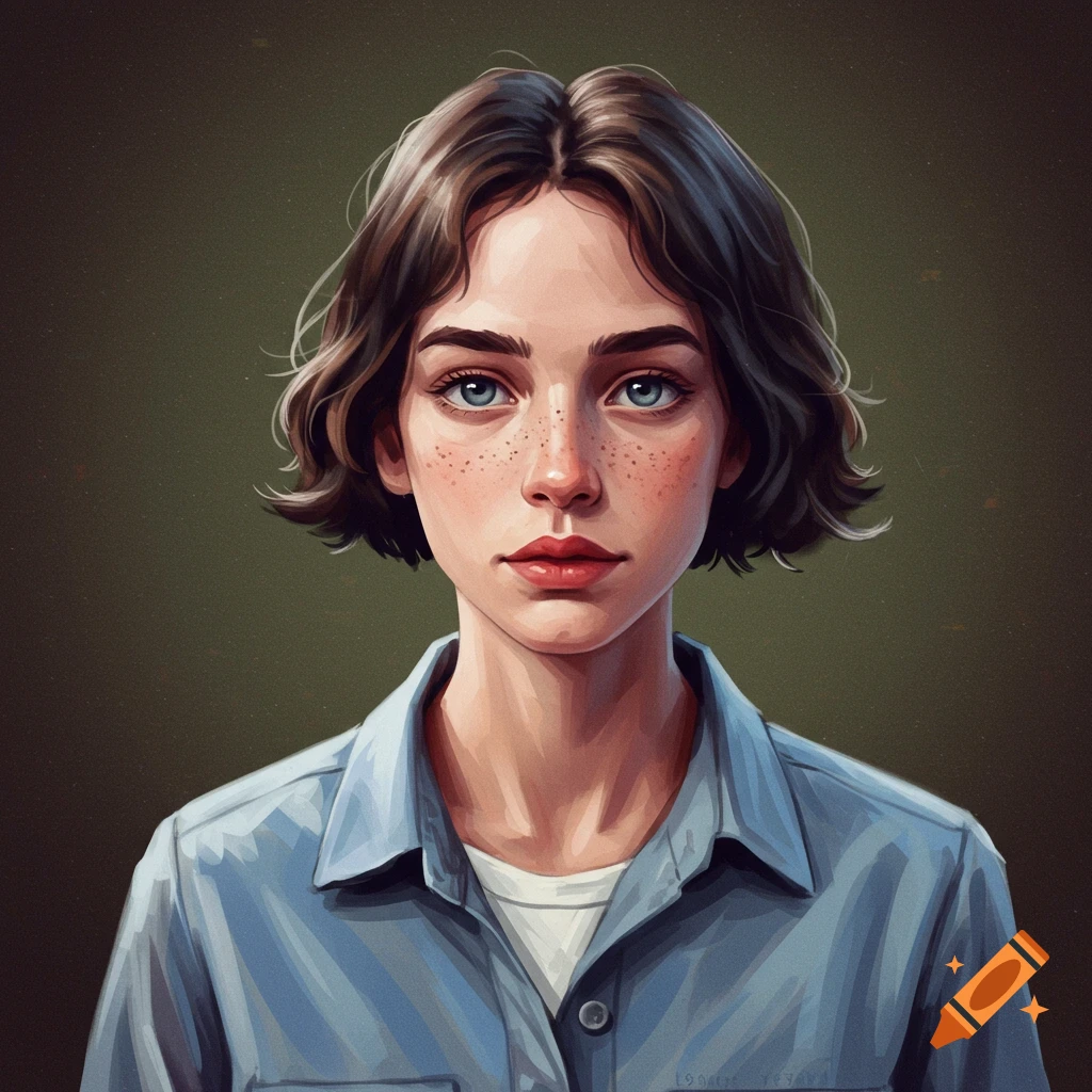 Digital art portrait of young woman with short hair, freckles, wearing blue shirt.
