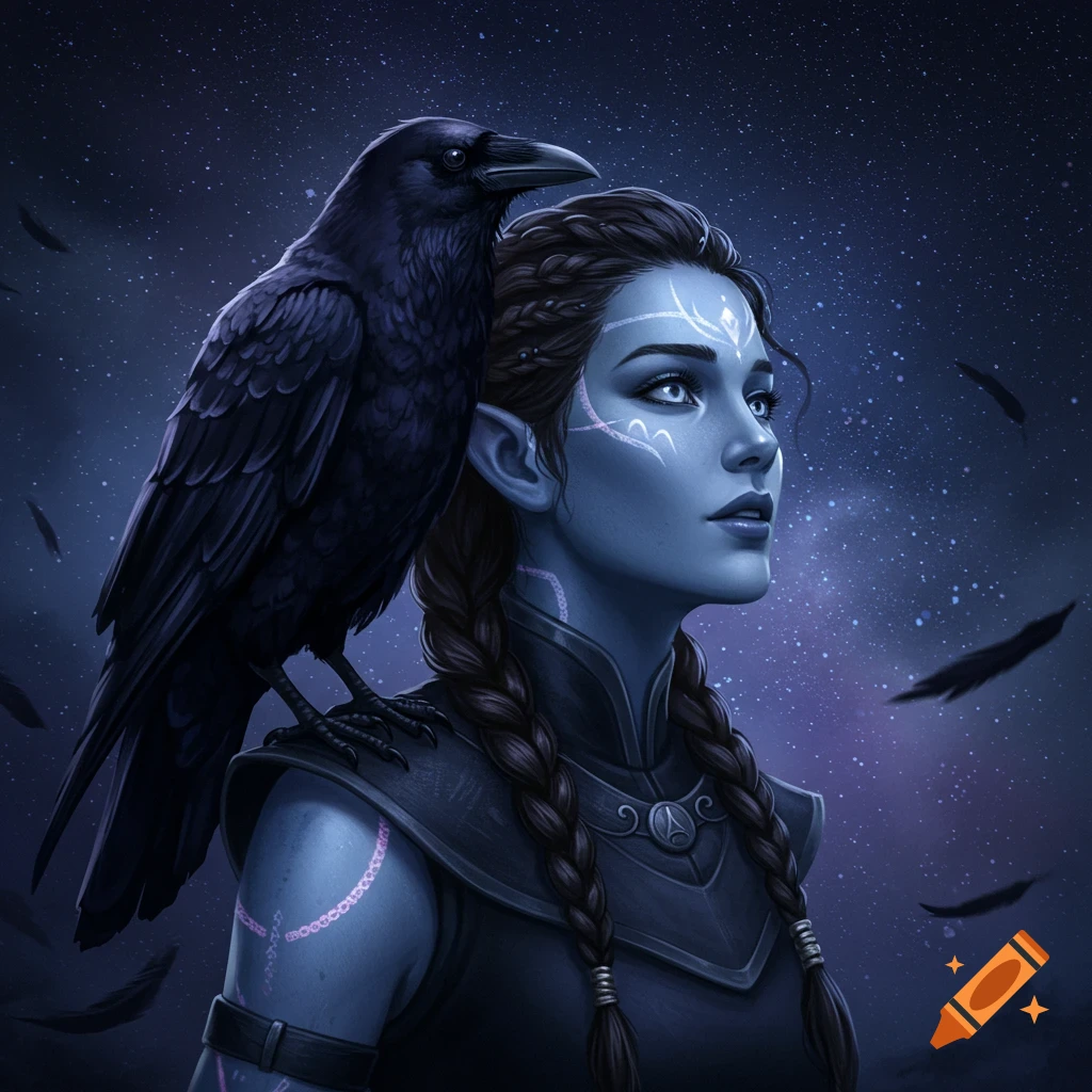 A blue-skinned fantasy woman with braids and tribal markings looks up, a black crow perched on her shoulder, under a starry night sky.