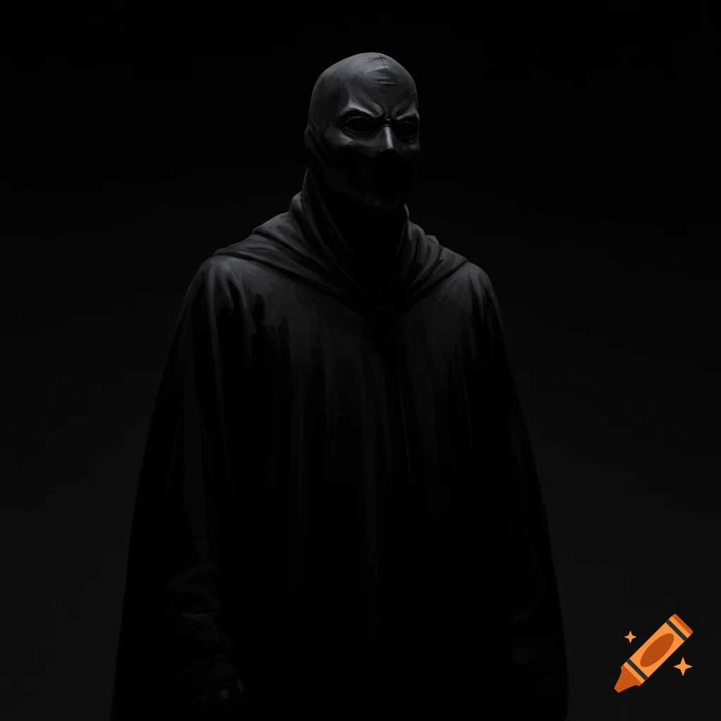 A mysterious figure in a black mask and cape stands in the darkness.