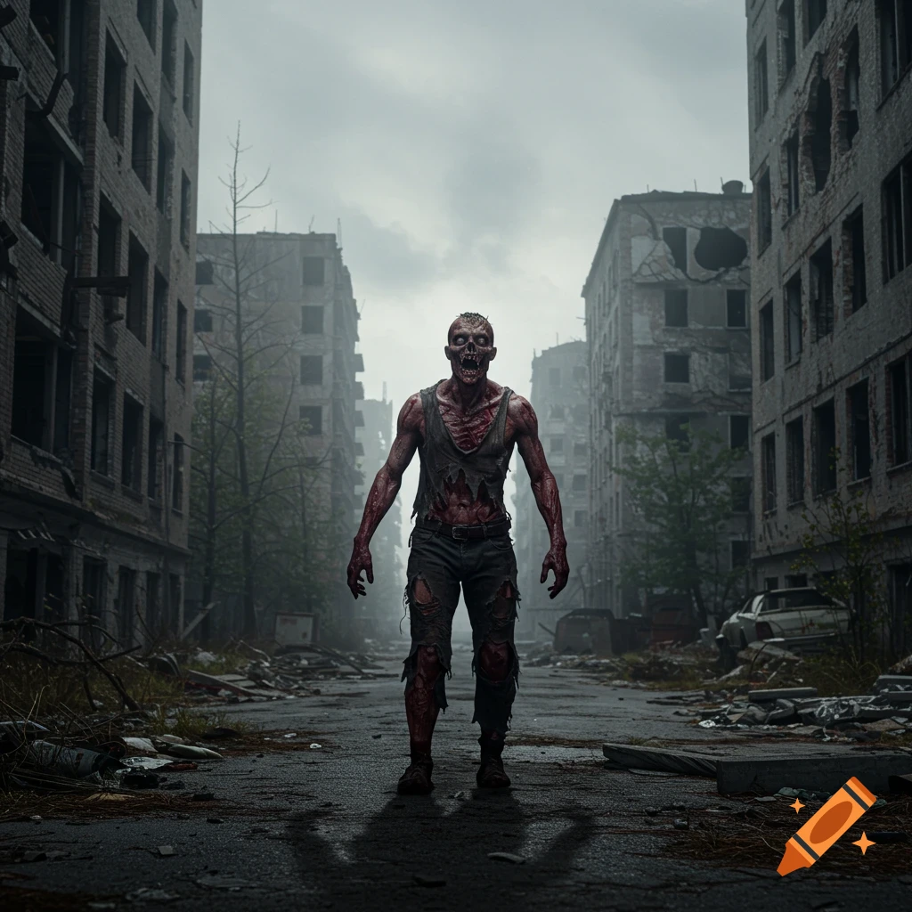 A photorealistic image of a zombie wandering through the desolate streets of a ruined city.