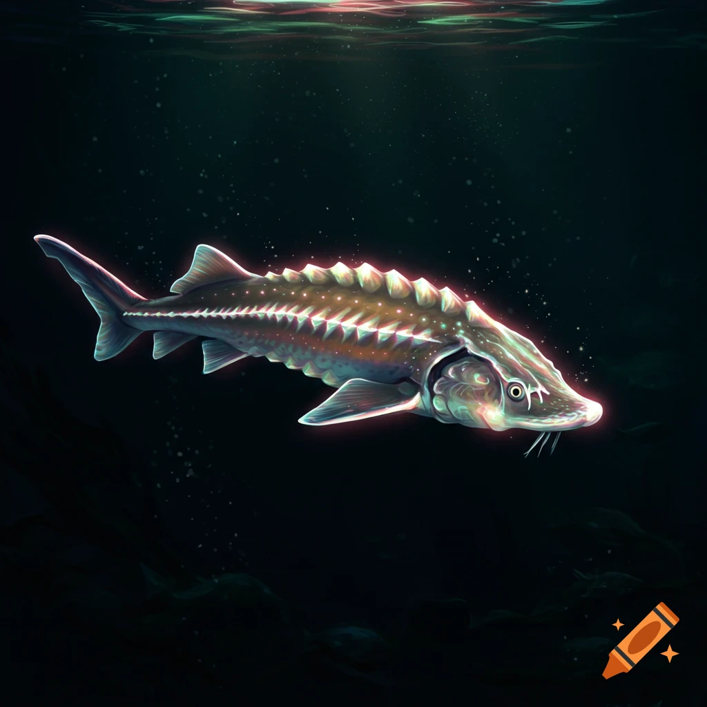 A bright glowing sturgeon swims in dark water with light from the surface.