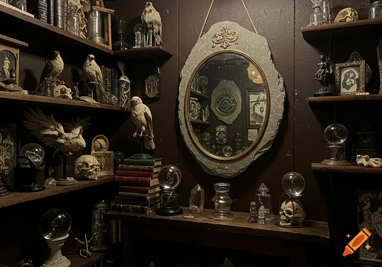 Shelves filled with gothic curiosities including taxidermied birds, skulls, old books, and a mirror on the wall.