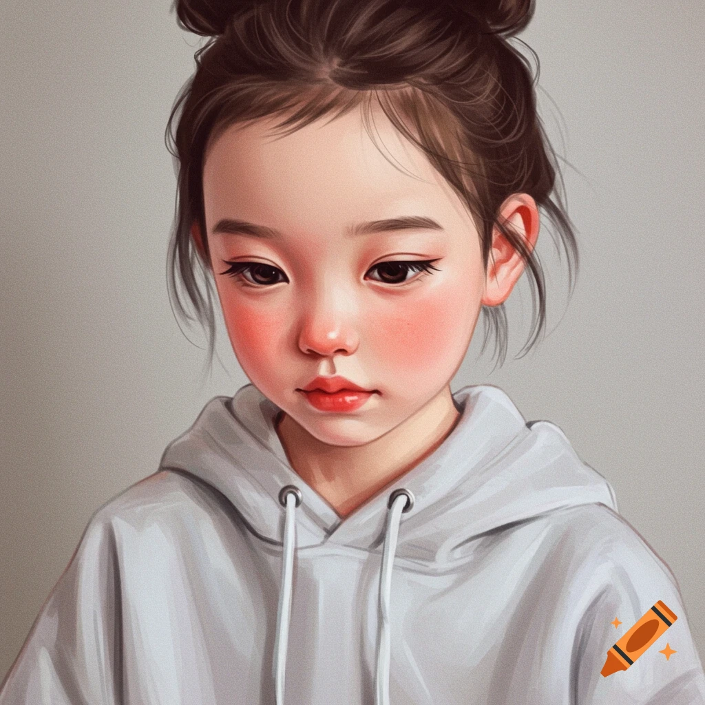 Stylized illustration of a young girl with rosy cheeks and a bun, wearing a grey hoodie.