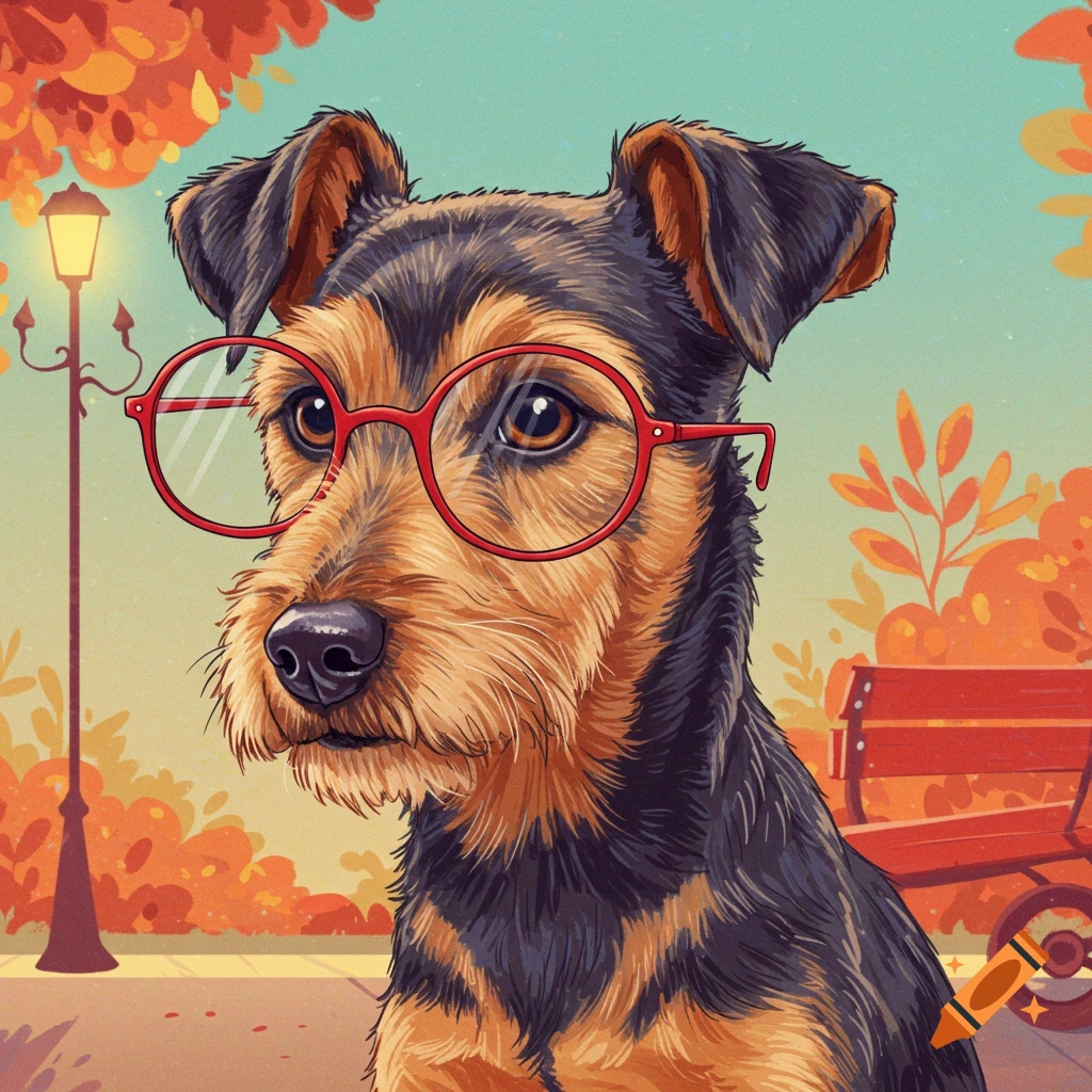 A terrier dog wearing red glasses sits in an autumn park with fallen leaves and a lamppost in the background. Illustration style.