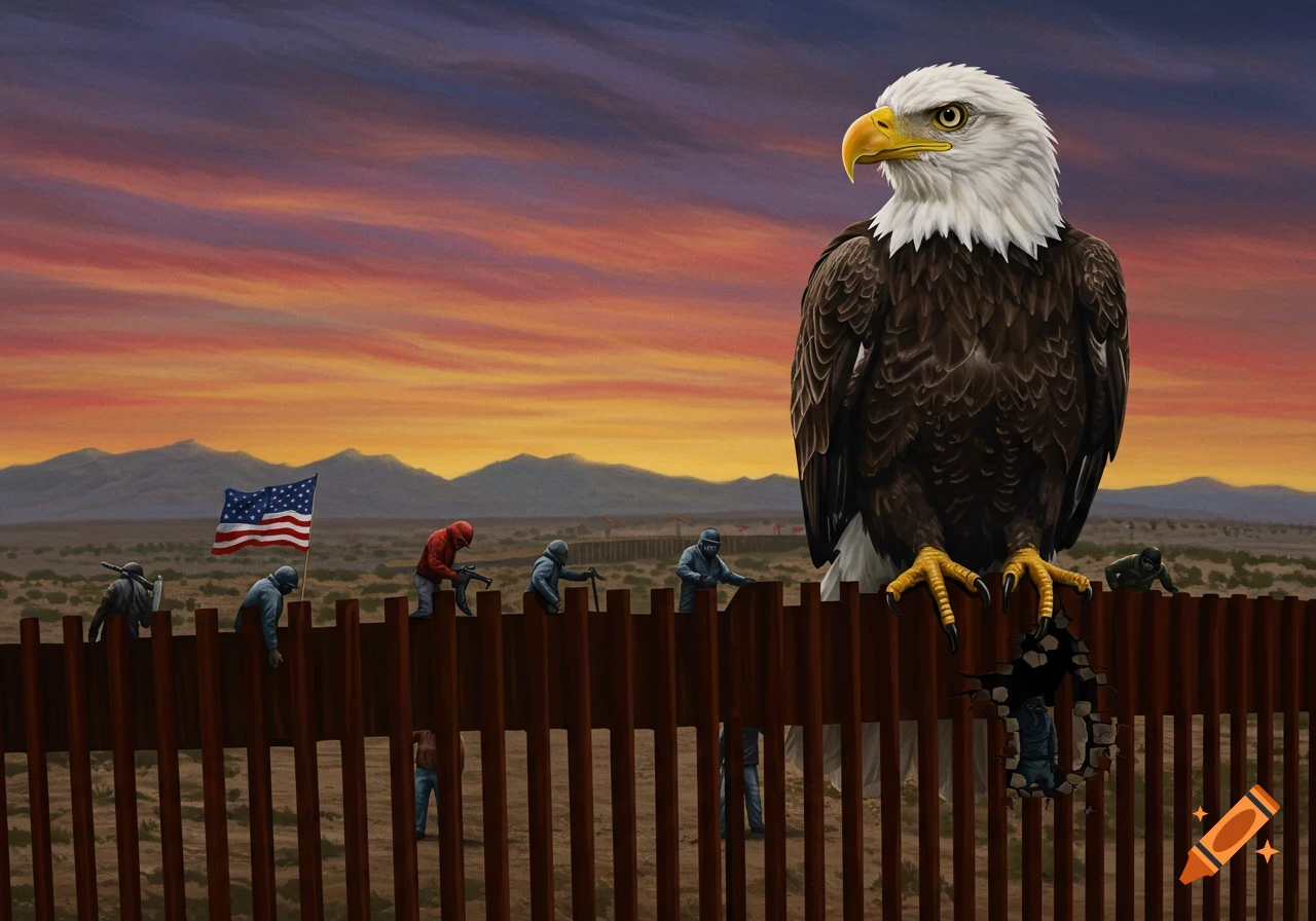 Painting of a large bald eagle on a border wall with people crossing, US flag in background under dramatic sky.