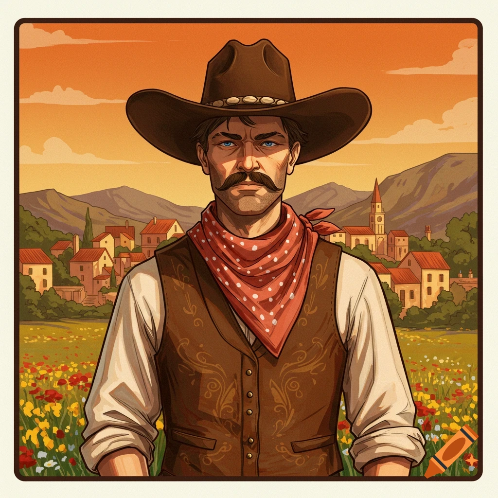 Portrait illustration of a cowboy in a hat and vest standing in a field of flowers with a village and mountains behind him.