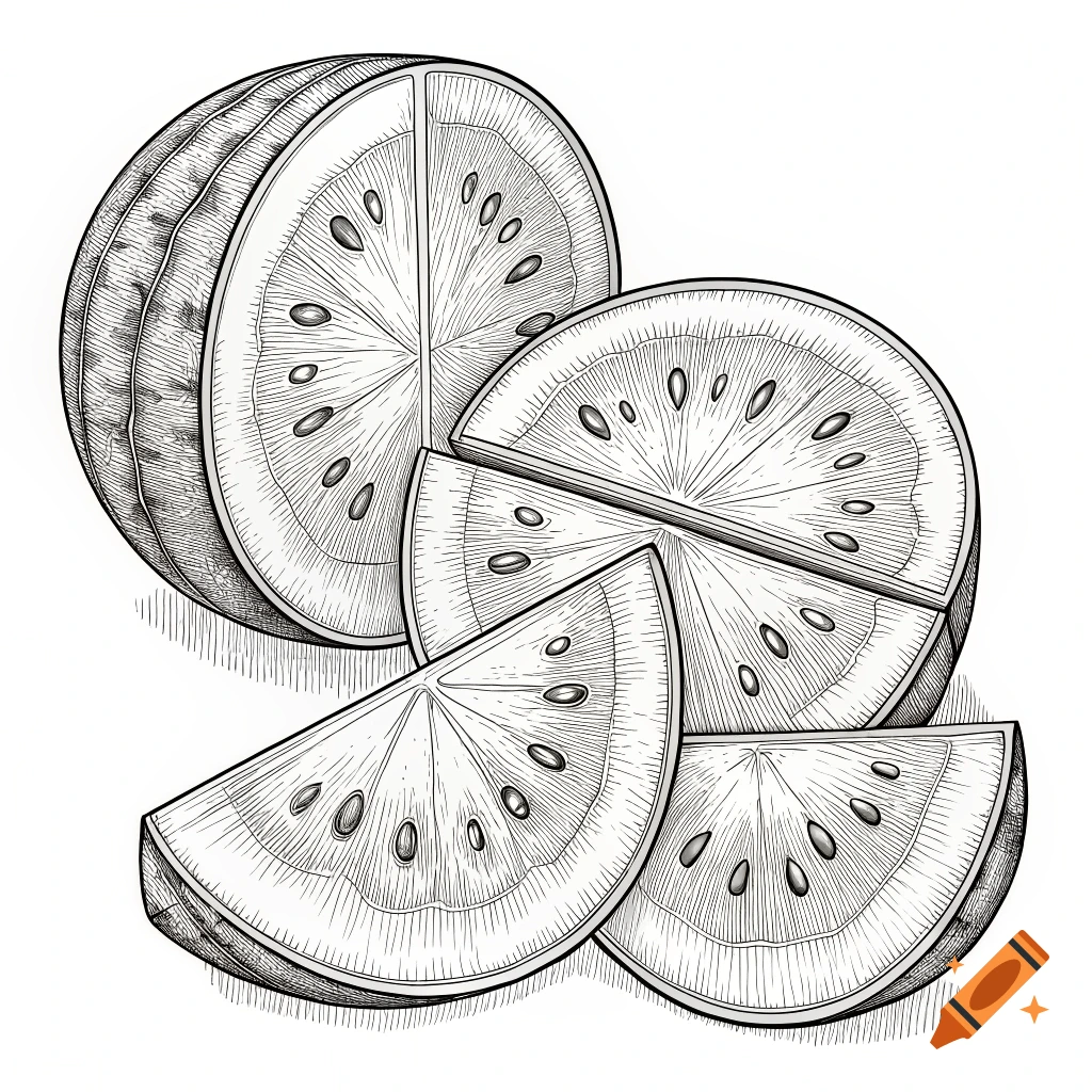Black and white line drawing of sliced fruit.