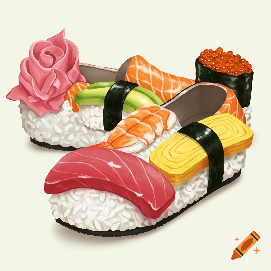 An illustration of a pair of shoes made out of sushi.