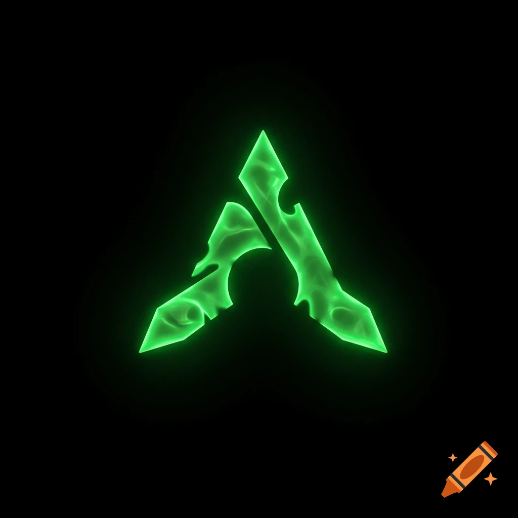 A glowing green stylized logo on a black background