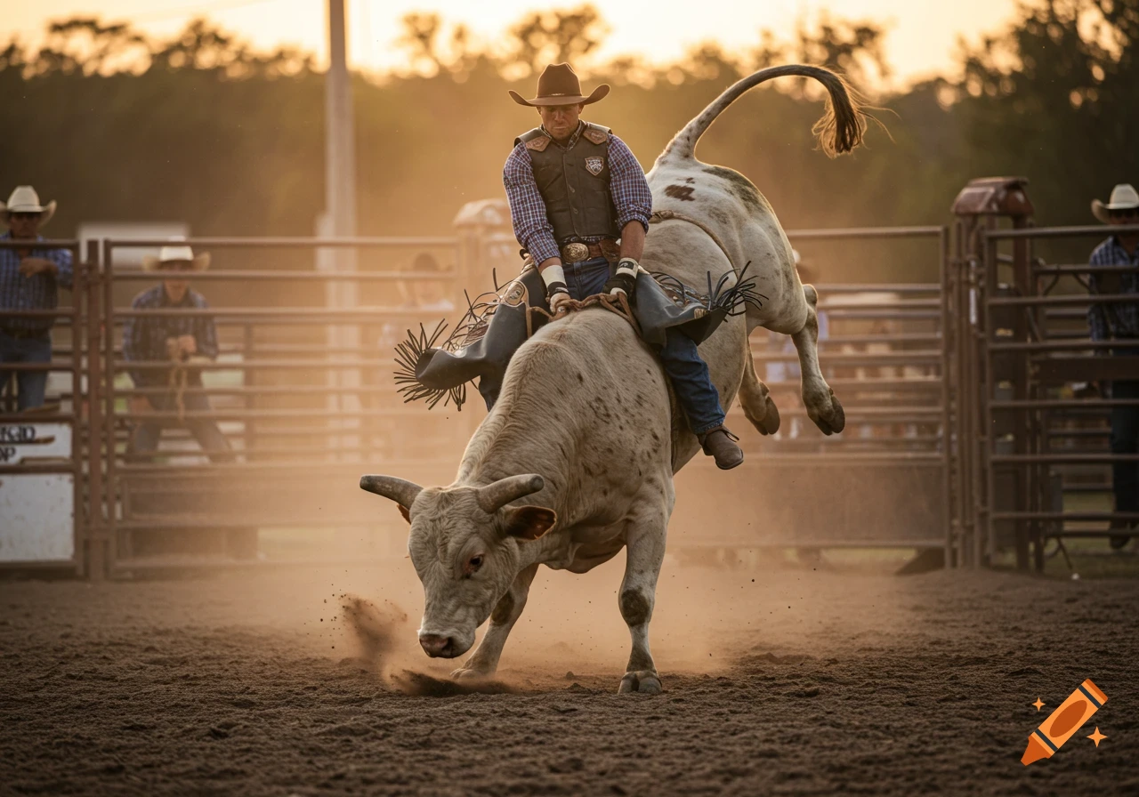 Photorealistic image of a cowboy riding a bucking bull in a dusty rodeo arena.