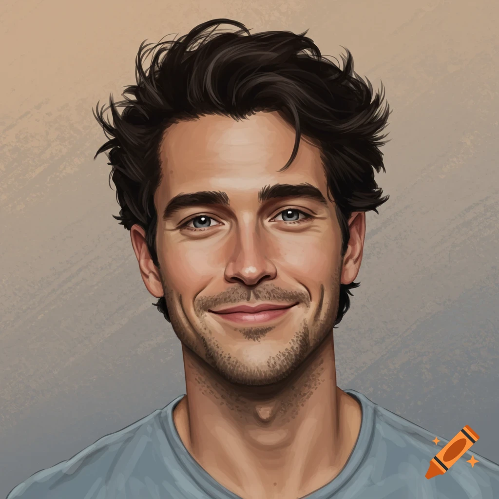 Illustrated portrait of a smiling man with dark hair and blue eyes wearing a blue shirt.