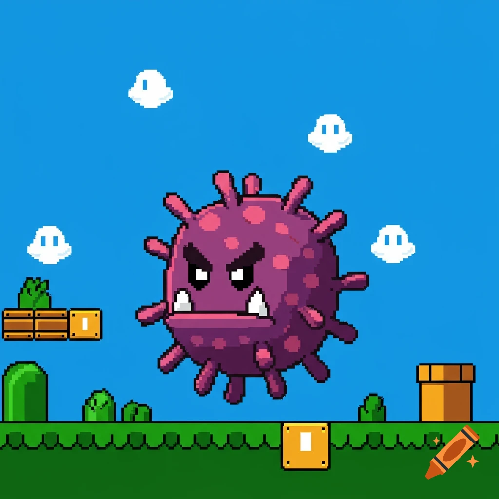 Pixelated purple monster with tentacles and teeth in a Super Mario video game level.