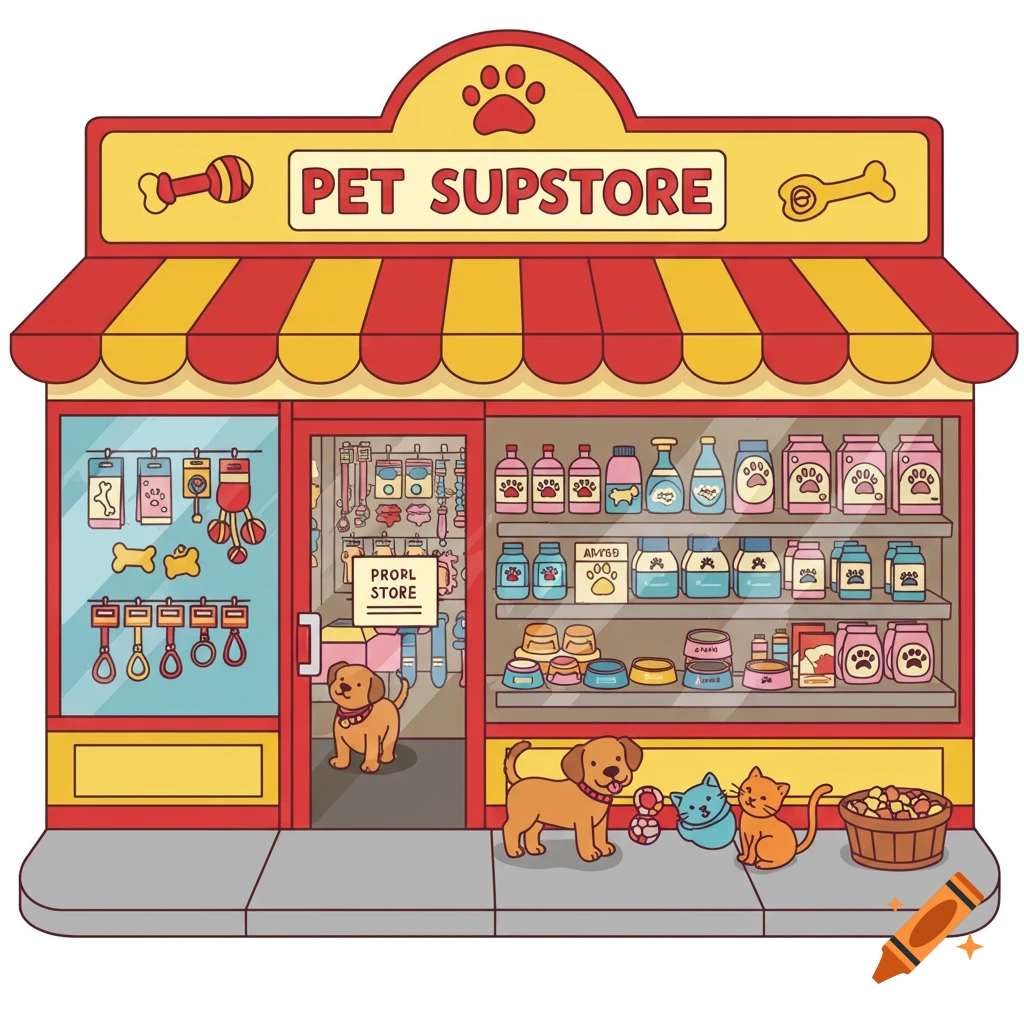 Clip art illustration of a pet store with dogs, a cat, and supplies