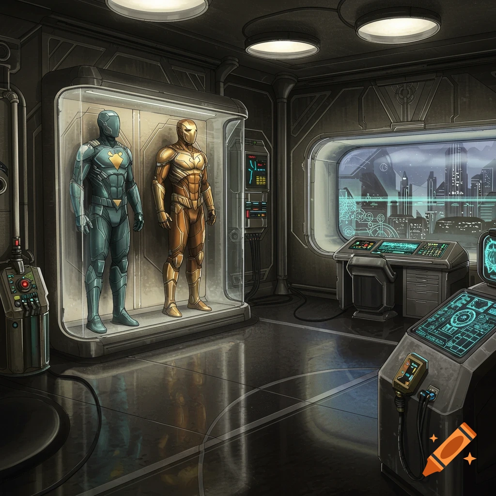 Art Deco science fiction lab with armored superhero suits on display