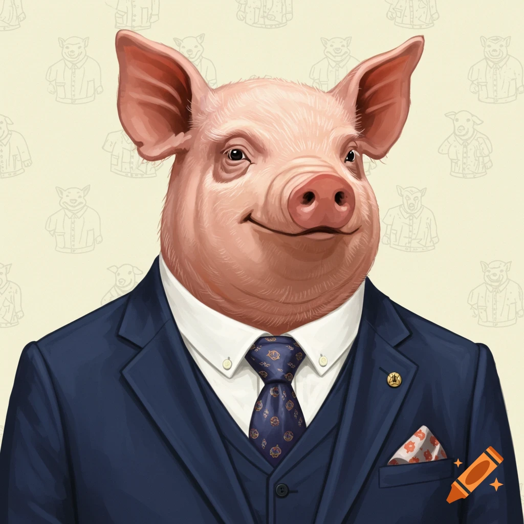 Illustration of a pig wearing a blue suit and tie