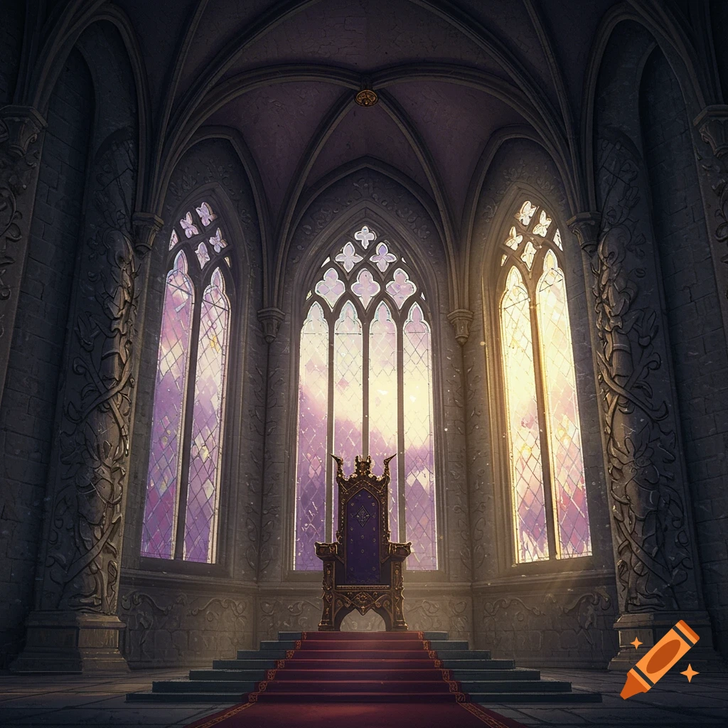 A grand fantasy castle interior with a ornate throne on a red carpeted platform, lit by sunlight streaming through large stained glass windows.