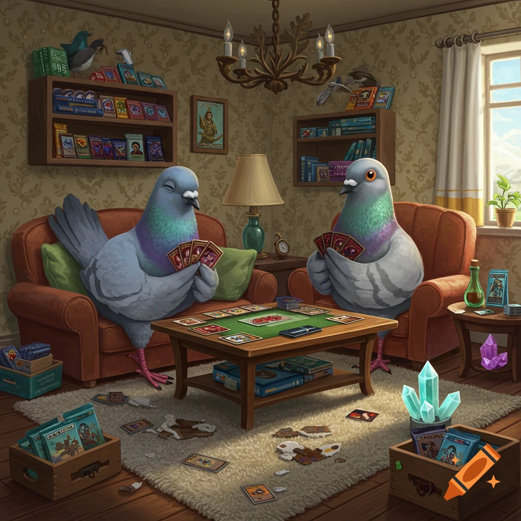 Two anthropomorphic pigeons play a card game in a cozy living room.