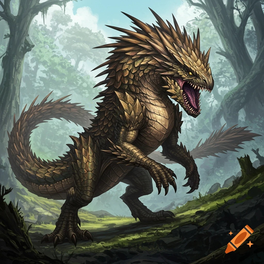 A spiky, reptilian monster roars in a detailed image set in a misty forest.