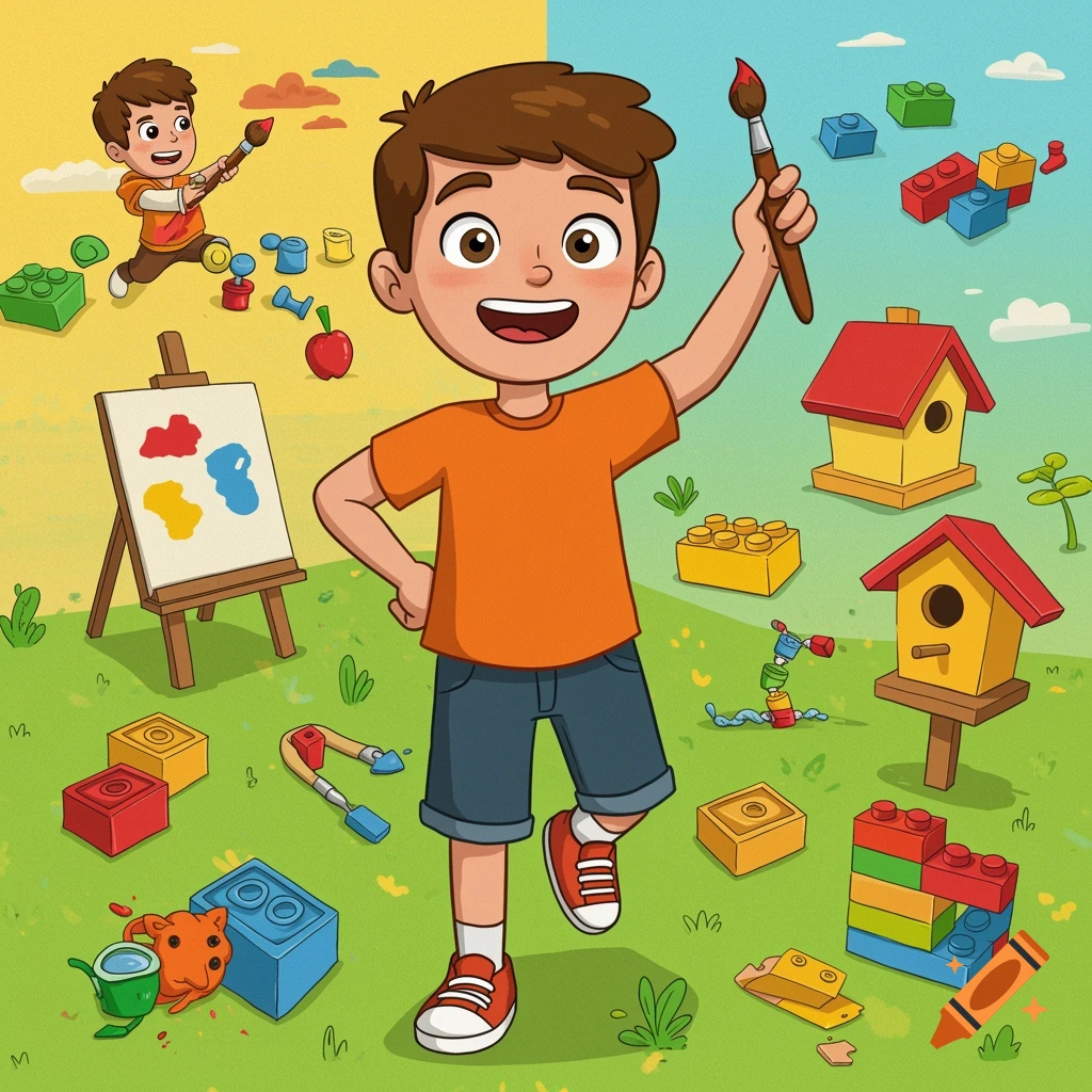 Cheerful cartoon boy with a paintbrush surrounded by art supplies, LEGO bricks, and birdhouses in a vibrant yard illustration.