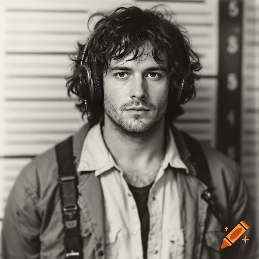 Black and white portrait of a man with curly hair and headphones against a height chart.